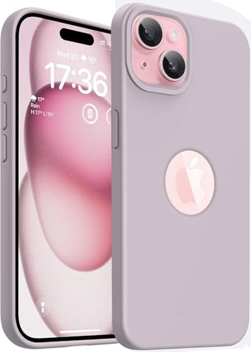 Image of Elzzi Microfiber Logo Cut Cover Compatible for iPhone 15 Case Liquid Silicone Case Non-Slip Full Body 4 Layer Protective Covers Shockproof Back Cover (Light Lilac)
