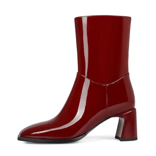 Women's Gogo Boots Square Toe Mid Calf Boots for Women Ankle Booties Chunky Heel Dress Boots Patent Leather with Zip2
