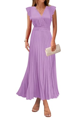 Image of KIRUNDO Women's Summer Maxi Dresses Elegant V Neck Ruffle Flutter Sleeves Empire Waist Pleated Flowy Wedding Guest Dress