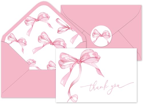 Whaline 24Pcs Pink Bow Thank You Cards with Envelopes and Stickers Watercolor Bow Greeting Cards Pink Blank Note Cards for Wedding Birthday...