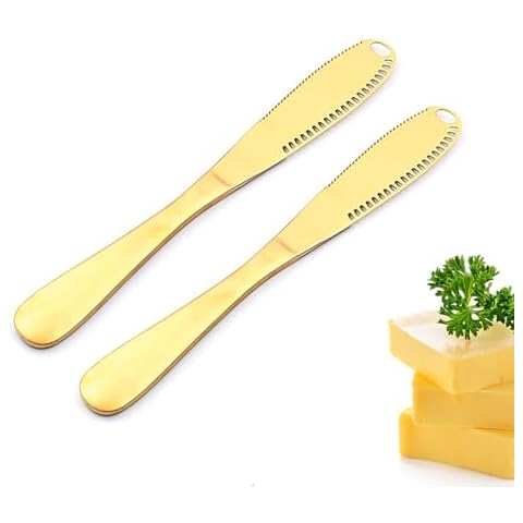 ALLOMN Butter Knife, Butter Knives, 3 in 1 Stainless Steel Butter Spreader, Spreader Slicer and Butter Curler Knife with Serrated Edge for Cutting and Spreading Butter Cheese Jam(2pcs,Golden) Cover