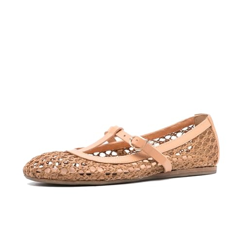 Women's Woven Mesh Ballet Flats Closed Round Toe Mary Jane Shoes with Adjustable Strap Buckle Comfortable Raffie Ballerinas Shoes