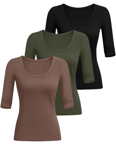 Neer 3 Pack Women's Scoop Neck Stretchy Tops Cotton Half Sleeve Slim Fitted T-Shirts Tight Casual Basic Summer Tees2