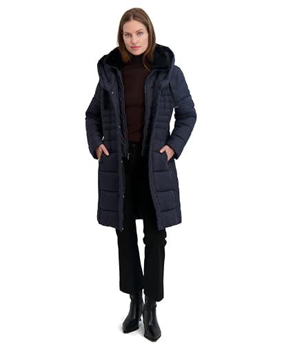 TAHARI Women's Slim Fit Puffer Coat with Attached Hood, Faux Fur Collar, Interior Bib & Hand Warmer Pockets, Luna, Medium