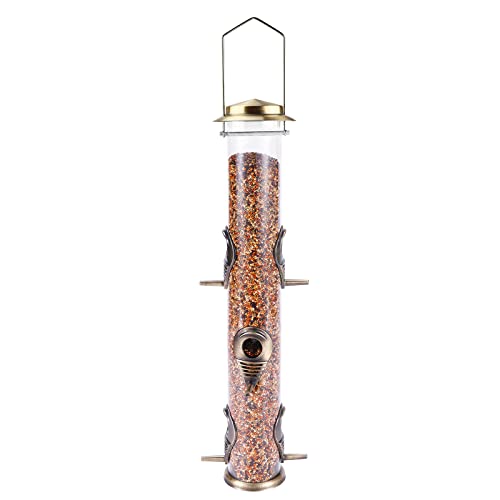 MIXXIDEA Metal Wild Bird Feeder, Squirrel Proof for Outside, Hanging 6 Port Tube Transparent Finch Feeder for Attracting Birds in Lawn, Garden, Balcony - Bronze