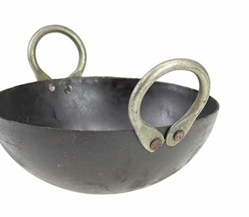 Reldor Natural Iron Karahi Kadai Kadhai Iron Wok Balti Dish with Handles Heavy Duty Round Base (8 INCH)
