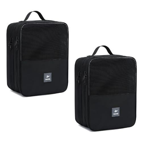 2 Layers Travel Shoe Bag, Portable Shoe Bags Hold 2 Pair Of Shoes, Water-Resistant Shoe Storage Pouch For Travel (Black, 2 Pack)