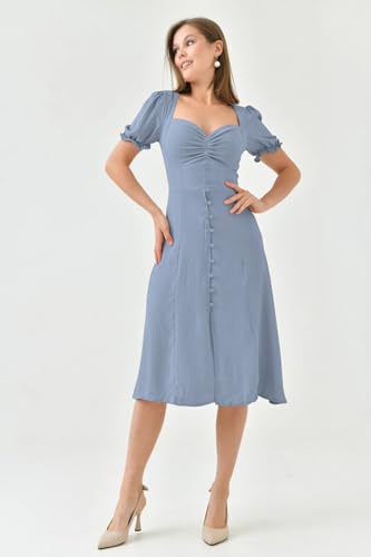Image of Shasmi Girl's & Women's Solid Midi Dress - Elegant Square Neck Button-Down Dress with Puff Short Sleeves | Stylish Casual & Party & Office Wear Outfit (Dress 105)
