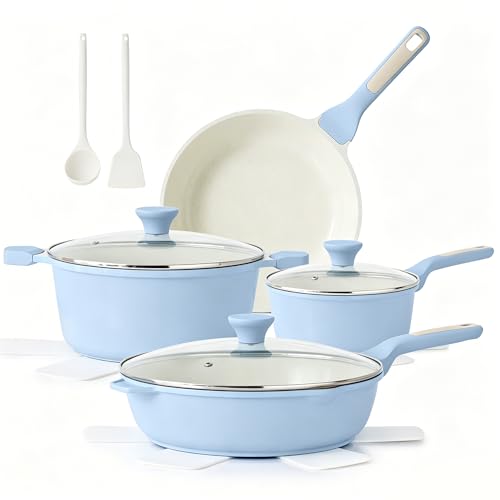 SENSARTE Nonstick Ceramic Cookware Set Large 13-Piece Healthy Pots and Pans Set Dishwasher Safe Non-toxic Kitchen Cooking Set with Stay-Cool Handles Induction Compatible PFAS Free Blue