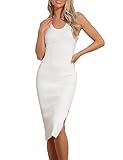 Rocorose Women's Stretchable Scoop Neck Fitted Knitted Tank Dress Slim Sexy Sleeveless Ribbed Lounge Sweater Dress White L