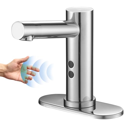 BWE Chrome Touchless Bathroom Sink Faucet,Automatic Motion Sensor Faucet, Hand Free Bathroom Faucet with Hole Cover Plate Commercial Basin Mixer Tap,Battery or Plug-in Powered
