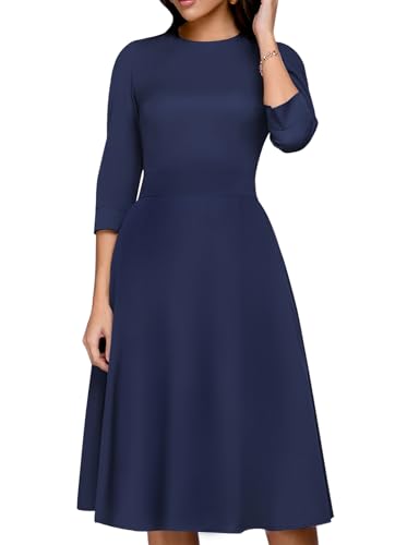 Image of Simple Flavor Womens Floral Vintage Midi Dress 3 /4 Sleeve | with pockets, Fit and flare aline, Knee-length, Church, Semi-formal, Wedding guest, Retro tea party & derby outfits