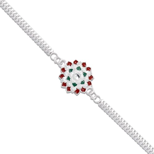 Image of Periapt Rakhi for Brother - Raksha Bandhan Festival Celebration Combo for Bhai with Silver Color OM Design Rakhi, Greeting Card, Silver Color Coin & Roli Chawal Tilak Set - Traditional Festive Pack (K1 1249)
