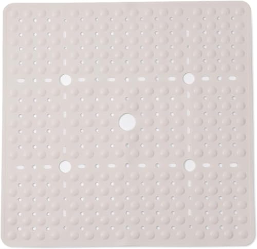 Image of ENKOSI Square Shower Mat 27x27 inch - Anti Slip Bathroom Shower Stall Mats for Smooth Shower Floors - Square Bath Mat with Strong Secure Suction Cups and Drain Holes in Middle (Pearl White 27x27)