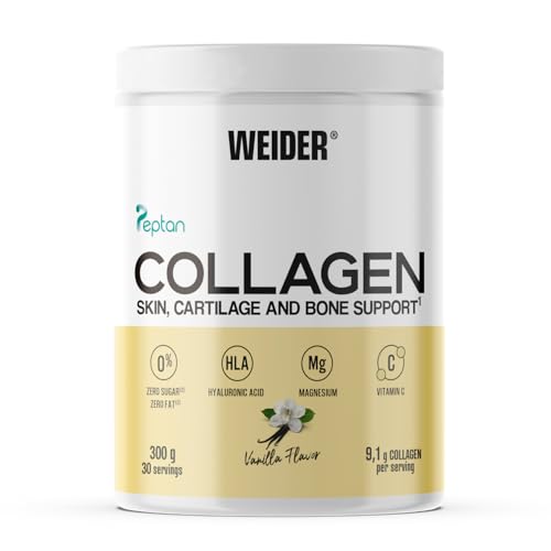 Weider Collagen (300g) Sabor Vainilla, Colágeno Hidrolizado en Polvo tipo I, Péptidos de Colágeno 100% Peptan, Ácido Hialurónico, Magnesio, Vitamina C, Sin Azúcar, Para Piel, Cartílago, Hueso, Cabello