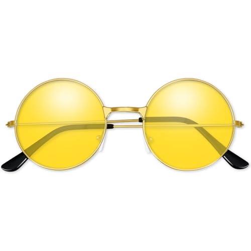 BOUBONI Gafas de sol hippie amarillas, redondas, de los años 60 y 70, para decoración de fiesta, para mujeres y hombres, con paño para gafas y bolsa para gafas para recuerdos de fiesta de discoteca