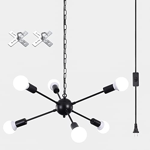ETONIMERR Plug in lampadario a 6 luci, luci moderne da appendere con spina a cavo da 16,4 piedi e On/Off Plug in Sputnik Plafoniera Spina Nera Lampada a Sospensione per Cucina Sala da Pranzo Soggiorno
