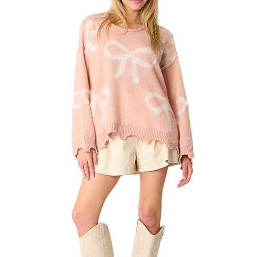 Image of Women Cute Bow Knit Sweater Y2k Long Sleeve Crew Neck Knitted Pullover Top Oversized Going Out Fall Winter Knitwear