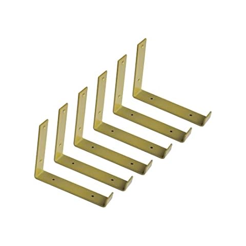 Gold Shelf Brackets 6 Pack Heavy Duty Shelves Brackets 7.25" L x 6.0" H x 1.5" W (7.25" Equals Actual Length and 8" is Total Length) Metal Floating J Lip Rustic Iron Open Shelving Brackets Cover