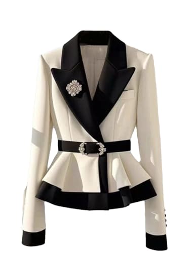 Women's Suit Blazer Notch Lapel Contrast Sash Belted Jacket for Spring Fall Office Work Formal Casual Outfits