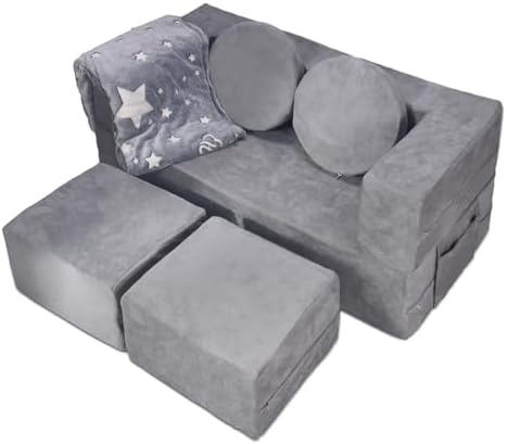 BIERUM Kids Couch, 6PCS Toddler Couch with Blanket for Bedroom Playroom, Multifunctional Nugget Couch Kids Play Couch Sofa for Developing Child Intelligence, Creativity and Imagination, Grey