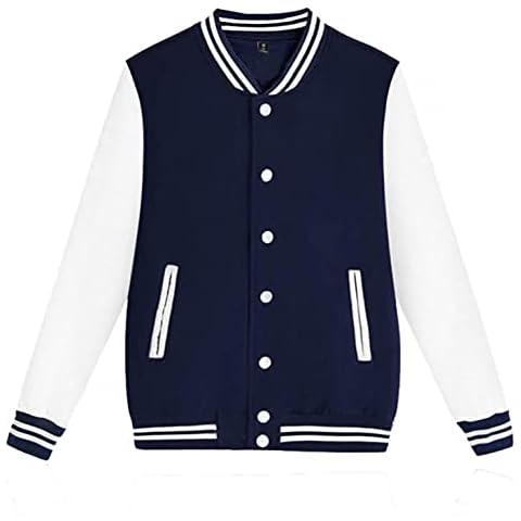 Baseball Uniform Jacket Men's Sweat Jacket with Press Stud Placket Stripes Varsity Jackets Cardigan Long Sleeve Sweatshirt Regular Fit Autumn Winter Transition Jacket Sports Jacket Coat, navy, L Cover