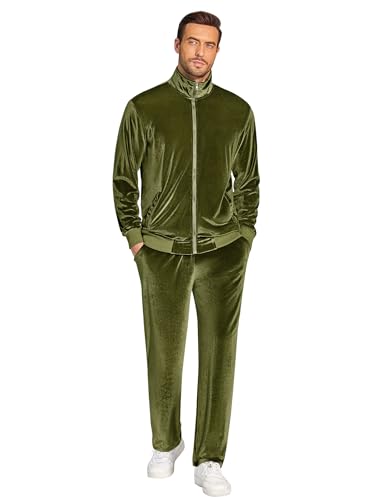 Survêtement velours homme vert militaire COOFANDY ensemble jogging avec veste zippée col montant L - 2