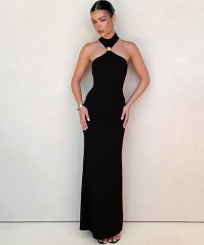 Women Sexy Halter High Neck Maxi Dress Sleeveless Back Slit Elegant Party Cocktail Wedding Guest Formal Long Dresses2
