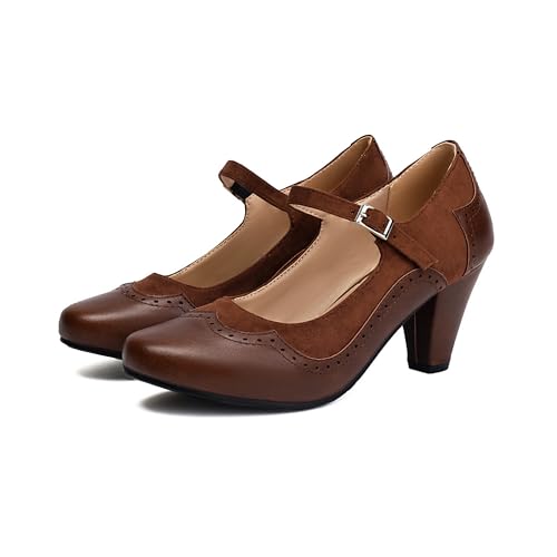 Image of Elerhythm Women's Mary Jane Classic and Retro 1920s Pump Heels Gatsby Oxford Pattern 1950s Pinup Vintage Round Closed Toe 1940s Ankle Strap Dress Shoes