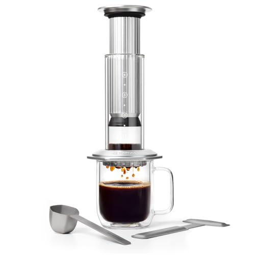 AeroPress Premium-Kaffeepresse aus Glas, Edelstahl und Aluminium, All-in-One-French-Press, manuelle Kaffeemaschine im Espresso- und Pour-Over-Stil, 2 Minuten Brühzeit, Silber