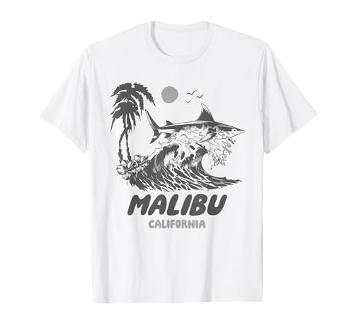 Magliette estive Surf Malibu California Surfing Shark Maglietta