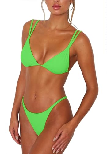 Image of Women's Sexy Thong Bottom Two Piece Bikini Double Shoulder Straps Cute Swimsuit Triangle Bathing Suit