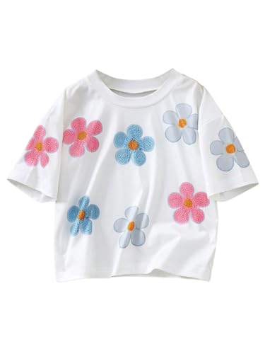 SHENHE Girl's Summer Floral Shirt Crew Neck Short Sleeve Loose Fit Cute Tee Top