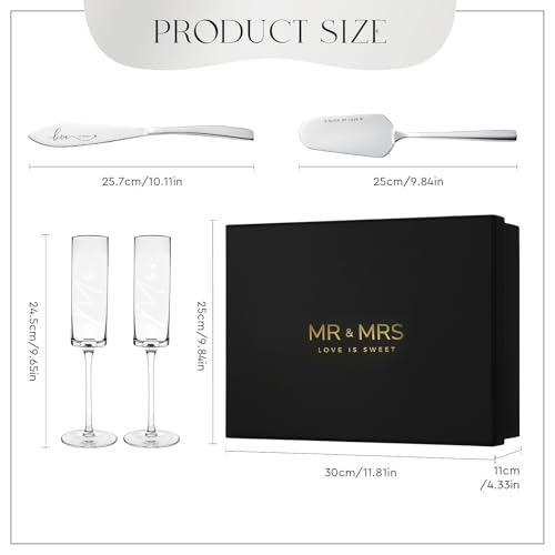 Image of AW BRIDAL 4Pcs Mr and Mrs Champagne Flutes with Silver Wedding Cake Knife