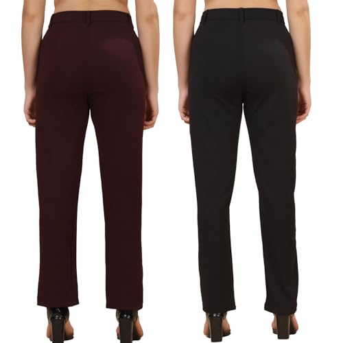 Image of Pack of 2 Women's Regular Fit Solid Cotton Blend Trousers - Soft, Breathable & Stretchable Bottom Wear for Office, Casual Outings & Daily Comfort