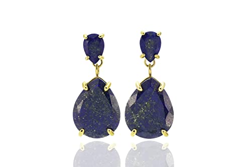 Pendientes de Lapislázuli - Piedra de Nacimiento de Septiembre - Pendientes de Lágrima - Pendientes Largos de Oro para Novia - Diseño de Piedras Múltiples con Piedras de Pera Pequeñas y Grandes