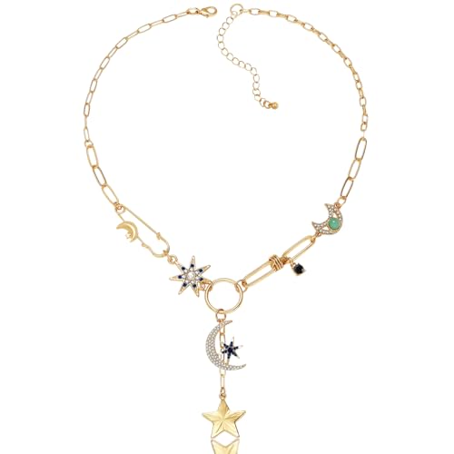 Boho Gold-Tone Moon & Star Charm Necklace - Trendy Star Jewelry & Gold-tone Charm Boho Necklace, Perfect Christmas Jewelry Gift For Women - 18K Gold Plated Heart Pendent & Hip Hop CharmNecklace
