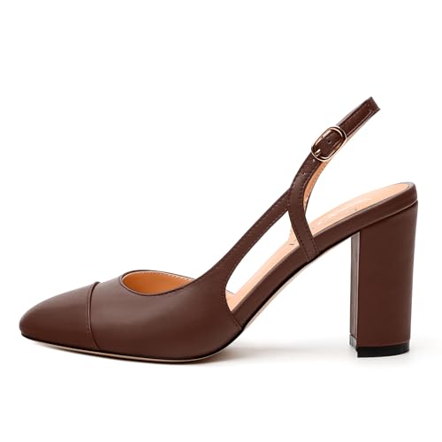 Slingback Heels for Women，Round Toe Chunky Heeled Pumps Ankle Strap Fashion Splicing Dress Shoes2