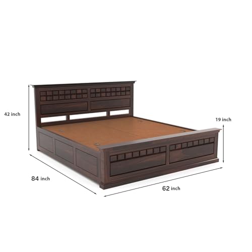 Image of Sheesham Wood Queen Size Bed with Storage Box Wooden Box Bed Queen Size Double Cot Bed with Storage for Bedroom Premium Chocolate Dalla Design Headboard Bed for Living Room, Walnut Finish