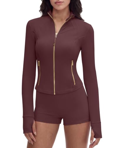 Image of SUUKSESS Women Golden Full Zip Up Workout Cropped Jackets Lightweight Athletic Yoga Tops