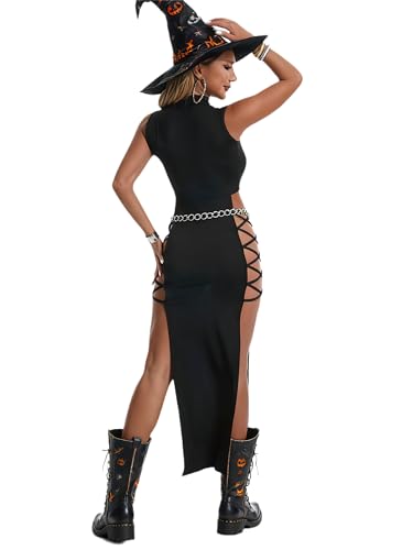 Image of Women's Sexy Double High Slit Mock Neck Goth Y2k Dress 2026 Summer Rave Outfits Party Club Long Maxi Dresses Black