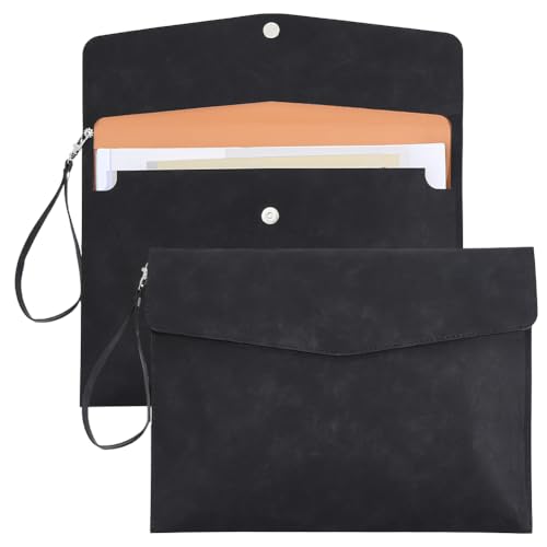 CRASPIRE A4 pasta de arquivo de couro PU envelope capa de documentos carteira multifuncional bolsa preta com alça removível à prova d'água fecho de pressão contrato papel carta organizador tablet