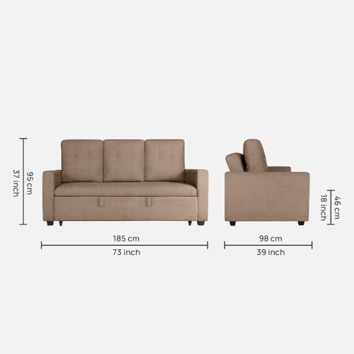 Image of Duroflex Ease - Wood 3 Seater Sofa Cum Bed with Pullout Mechanism, Plaster Brown Finish, 3-Person Sofa