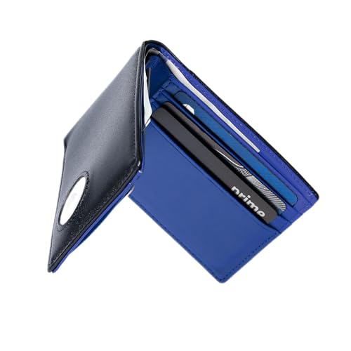 Mens Wallet with AirTag Holder, Slim Genuine Leather Bifold AirTag Compatible Wallet with Money Pocket, RFID Blocking, 9 Card Slots (Black & Midnight Blue)