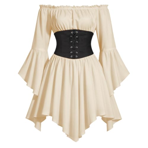 Qaezyco Pirate Costume Women,Pirate Costume Women Bell Sleeve Off Shoulder Corset Dress 2026 Halloween Medieval Renaissance Cosplay Costumes(01_Beige,X-Small) - image 5
