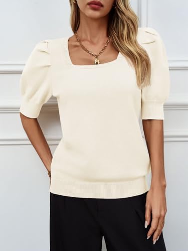 Image of Womens Puff Short Sleeve Sweater Tops Square Neck Casual Knit Pullover | Dressy Casual Blouses,Fall Shirts,Fashion Summer Clothing,Cute Spring Outfits,Work Shirts