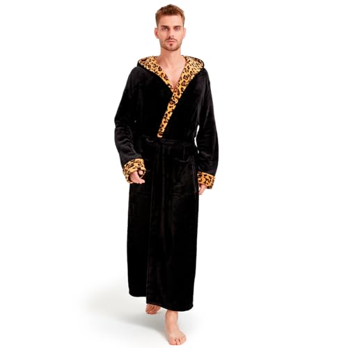 Mens Plush Plaid Hooded Robe Full Length Fleece Big and Tall Bathrobe with Hood(Leopard print&Black 5XL)