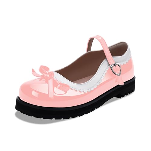 Women's Bow Patent Leather Platform Mary Janes Ankle Strap Closed Toe Kawaii Goth Uniform Flats