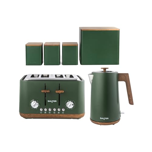 Salter Toronto Green Toaster, Kettle & Countertop Set – 4-Slice 1630W Toaster with 6 Browning Levels & Wide Slots, 1.7L 3kW Rapid Boil Kettle with Limescale Filter, Carbon Steel Bread Bin & Canisters