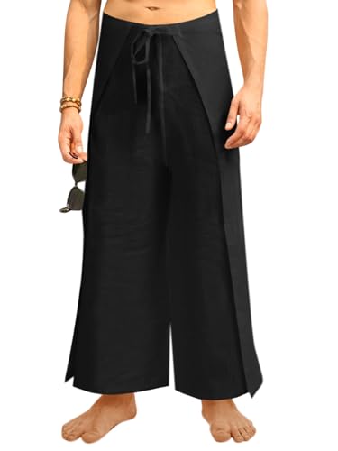 Runcati Mens Linen Wrap Pants Thai Fisherman Yoga Beach Hippie Lightweight Loose Fit Pants Black